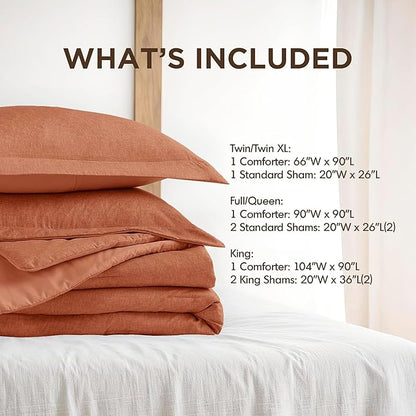 King Size Comforter Set, Lightweight Burnt Orange Soft Bedding for All Seasons, 3 Pieces Chambray Print Solid Farmhouse Bed Set, Comforter & Shams