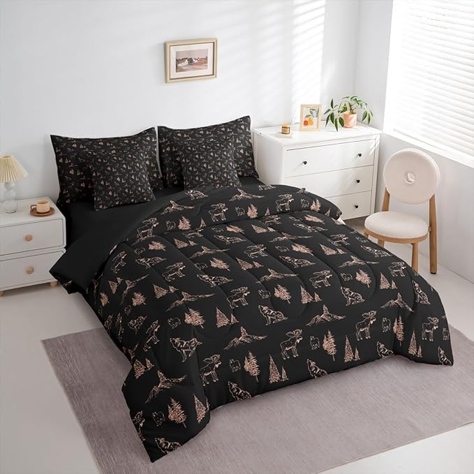 Erosebridal Woodland Animals 7 Piece Comforter Set Twin Size Bear Deer Wolf Hunting Theme Bedding Set for Kids Child | Rustic Cabin Lodge Decor Sheets Farmhouse Wildlife Mountain Black Brown Quilt