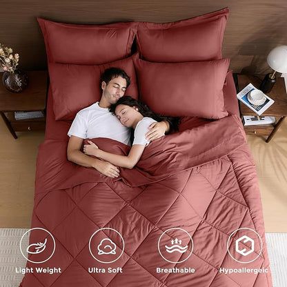 HEVUMYI Terracotta Full Comforter Set - 7-Piece All Season Bed in a Bag Full, Ultra Soft Bedding Set with Comforter, Flat Sheet, Fitted Sheet, Pillowcases, Pillow Shams