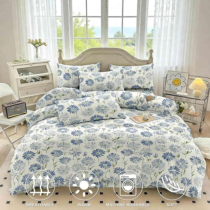 Nanko White And Blue Floral Comforter Set Queen Size 3 Pcs, Dandelion Flower Green Leaf Printed Pattern Soft Microfiber Alternative Duvet, Farmhouse Bedding Set, Bed in a Bag for Women Men Teen, 90x90
