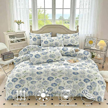 Nanko White And Blue Floral Comforter Set Queen Size 3 Pcs, Dandelion Flower Green Leaf Printed Pattern Soft Microfiber Alternative Duvet, Farmhouse Bedding Set, Bed in a Bag for Women Men Teen, 90x90
