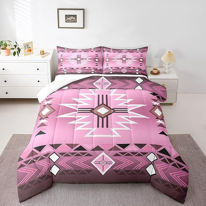 Pink Western Comforter Set Twin Size,Southwestern Cowgirl Bedding Set,Aztec Quilt Ethnic Tribal Arrow Quilt Set Kids Girls Women Teens Room Decor,Retro Countryside Duvet Insert,1 Pillowcase