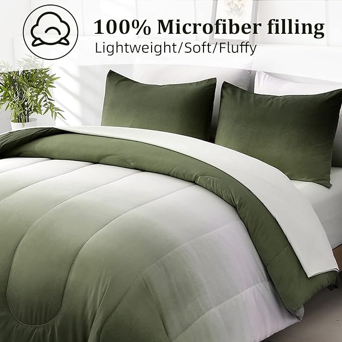 Anibedding Comforter Set Queen Green 7 Pieces Gradient Olive Green Lightweight Bed in a Bag Queen Size Set, All Season Complete Bedding Set with Flat/Fitted Sheet, Pillowcases Pillow Shams