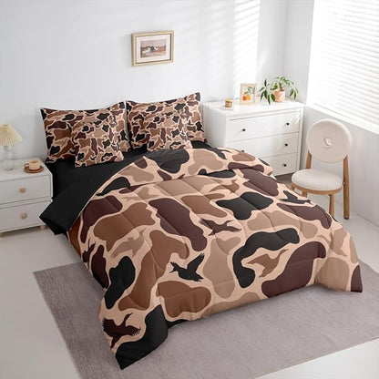 Erosebridal Duck Huner 7 Piece Bedding Set Queen Camo Comforter Set with Sheets Rustic Hunting Army Bed in a Bag Woodland Camouflage Military Bed Sets Comforter