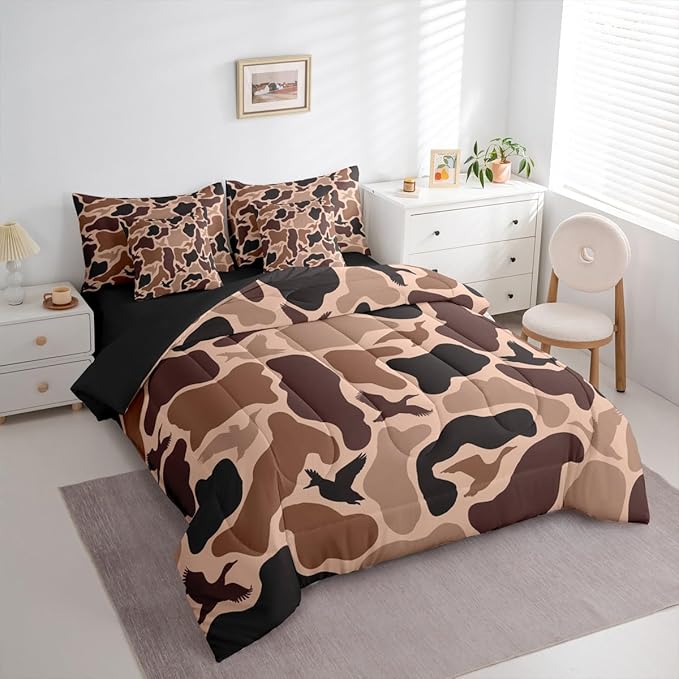 Erosebridal Duck Huner 7 Piece Bedding Set King Camo Comforter Set with Sheets Rustic Hunting Army Bed in a Bag Woodland Camouflage Military Bed Sets Comforter