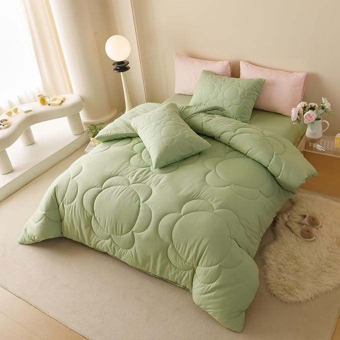 Cottonight Sage Sunflower Comforter Set - Queen Size, Light Green Floral Bedding Set - Women's Boho Farmhouse Chic Blanket & Quilts - Soft, Breathable, Grass Green Printed 3 Piece Set