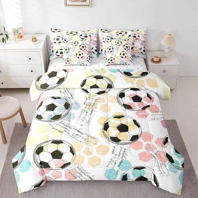 Feelyou Boys Soccer Ball Comforter Set Full Size 7 Pcs Girls Football Comforter Bed in a Bag Soccer Ball Game Bedding Set for Teens Sports Bed Set with Sheets, Pillowcases, Pillow Covers