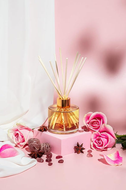 Crystal Infused Reed Diffuser, 4 OZ, Sensual - Strawberry Quartz Crystal Infused - Scents of Star Anise, Rose, Sichuan Pepper & White Musk - Valentine's Day Gift