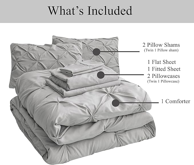 LANE LINEN Twin Sized Comforter Set – 5 Pc Luxury Down-Alternative - Pintuck Stitch Design Bedding - 1 Comforter, 1 Flat Sheet, 1 Fitted Sheet, 1 Pillowcase & 1 Sham - Easy Care, Machine Wash – Silver | Down alt fill, Machine washable, Cozy all season,...
