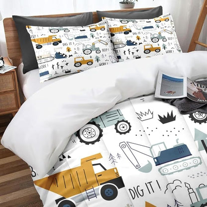 Cute Car Truck Construction Comforter Set for Boys Teens Toddlers Adults Twin, Tractor Excavator Boho Bedding Sets Water Washed Microfiber Bedding with 1 Comforter 1 Pillowcase All Season