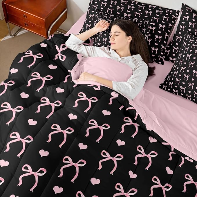 Erosebridal Love Hearts Bowknot Black Pink Full Comforter Set 7 Pieces | Bow Kawaii Cute Dreamy Bed in A Bag for Bedroom Ribbon Girly Kids Bedding Set with Comforters Teens Adults Women Room Decor