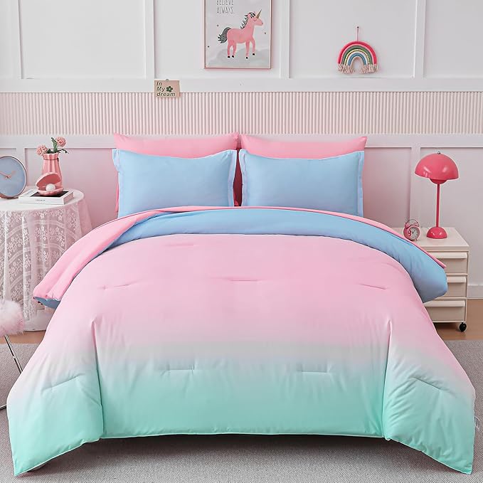 Drucon Comforter Set Queen Size for Teen Girl & Women,7 Pieces Bed in A Bag Gradient Pink Green Bedding Set (1 Comforter, 1 Flat Sheet, 1 Fitted Sheet, 2 Pillow Shams, 2 Pillowcases)