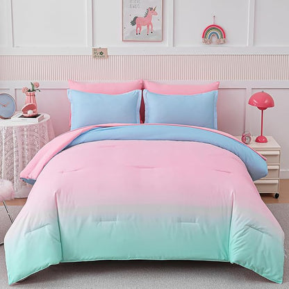 Drucon Comforter Set Queen Size for Teen Girl & Women,7 Pieces Bed in A Bag Gradient Pink Green Bedding Set (1 Comforter, 1 Flat Sheet, 1 Fitted Sheet, 2 Pillow Shams, 2 Pillowcases)