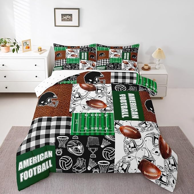 Feelyou Rugby Comforter Set Toddler Size Soccer Ball Game Comforter Football Bedding Set Gift for Football Lover Duvet Set Green Brown Black Quilt Set