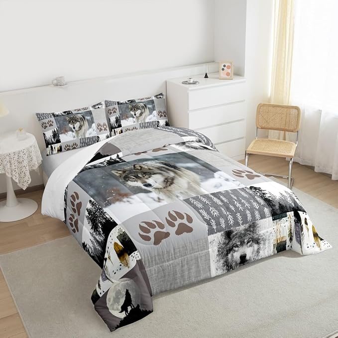 Manfei Wolf Kids Comforter Set Full Size,Wolf Paws Print Pine Trees Wild Adventure Bedding Set,Boys Girls Adults Room Decor,Geometric Plaids Patchwork Down Comforter,Rustic Duvet Insert,2 Pillowcases