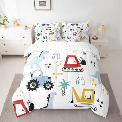 jejeloiu Kids Cartoon Dinosaur 7 Piece Bedding Set King Size Cartoon Car Comforter Set with Sheets for Boys Girls Construction Excavator Bed in a Bag Jungle Dino Bed Set