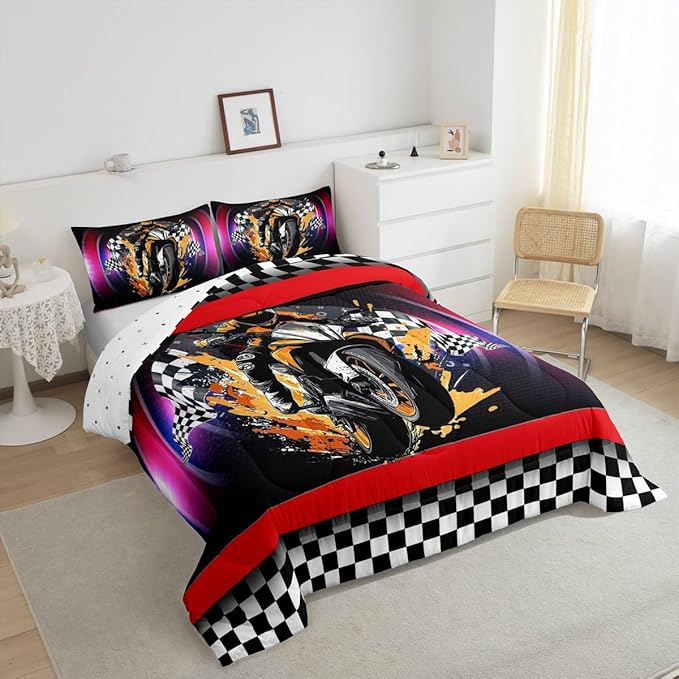 Feelyou Dirt Bike Comforter Set Queen Size Flag Comforter Racing Motocross Rider Bedding Set Extreme Sports Duvet Set Room Decor Black Purple Quilt Set