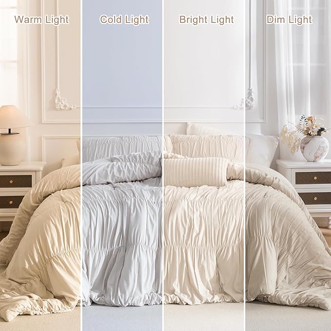 Masaca Oversized King Comforter(120"x98"),Wheat Ruched Ruffle Bedding Comforter Set,3 Pieces Lightweight California King Farmhouse Shabby Boho Chic French Country Bedding Set for All Season