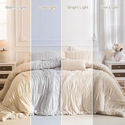 Masaca Oversized King Comforter 128"x120",Ruched Wheat Extra Large King Comforter Set,3 Pieces Lightweight Fluffy Ruffle Comforter Set Shabby Boho Chic Bedding Ultra Soft