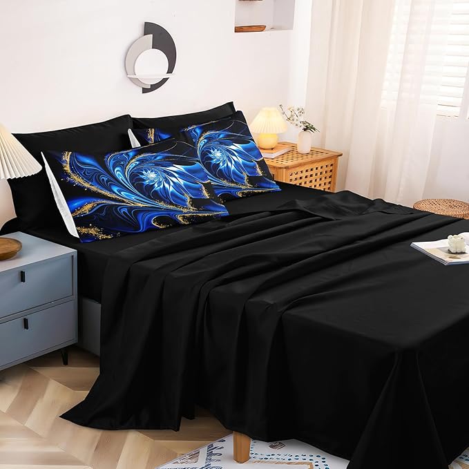 Black Blue Comforter Set Marble Bedding Twin Size Blue and Gold Vortex Floral Psychedelic Design Abstract Bed in A Bag with Sheet Set