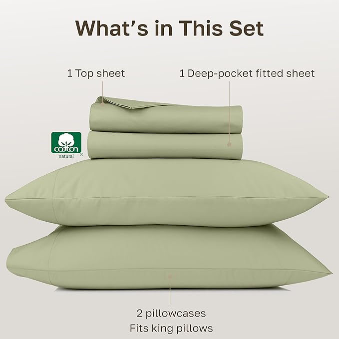 California Design Den Thick and Natural 100% Cotton Bed Sheets King Size Set - 1000 Thread Count Sateen Sheet & Pillowcase Sets, Deep Pockets, Durable Bedding - Sage Green