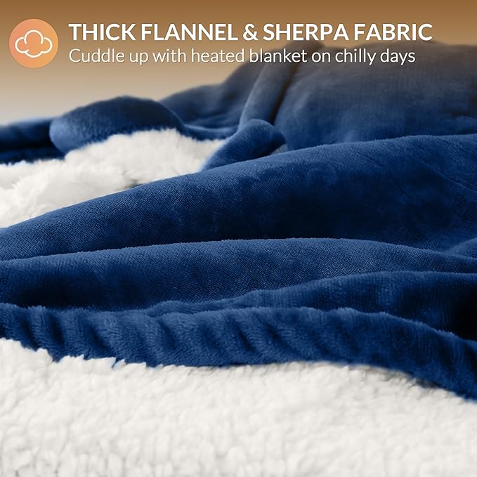 HOMLYNS LuxeHeat Heated Blanket Electric Blanket Twin Size, Soft Flannel Sherpa Heating Blanket with 10 Heat Settings, 1-10 hrs Timer Auto Shut Off (62x84 inches, Navy)