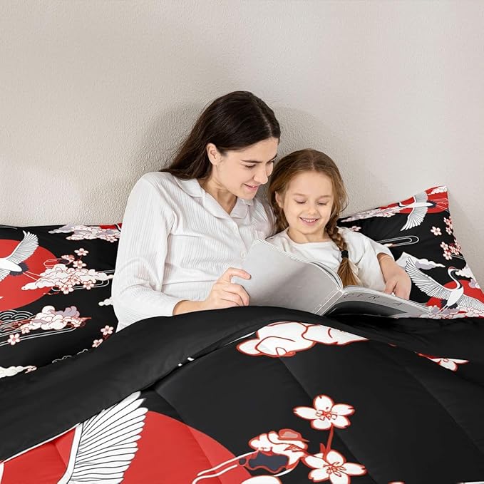 Japanese-Style Comforter Set Twin Size Crane Printed Cherry Blossoms Decor Down Comforter, for Adult Women Girls Teens Japanese Traditional Pattern Quilted Duvet Ukiyoe Theme Bedding Comforters