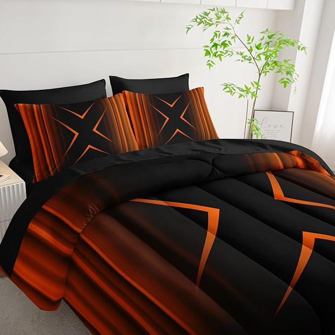 Black and Yellow Geometric Comforter Set Full Size 7Pieces,3D Abstract Mordern Printed Bedding Set for Adults,Geometric Mordern Decor All Seasons with Pillowcases,Flat, Fitted Sheet