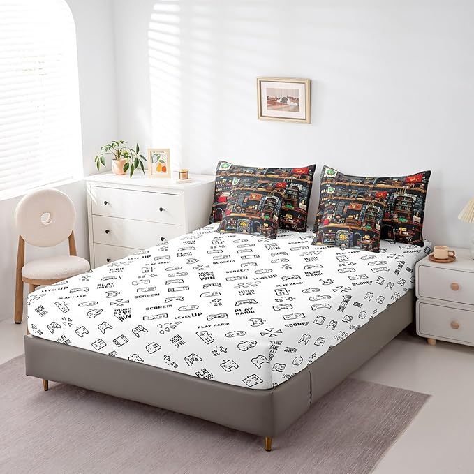 Building Games 7Pcs Comforter Set Full Size,Sandbox Block Pixelated Bedding Sets for Kids Teens Boys Room Decor,Miner Style Fitted Flat Sheet Cartoon Gamepad Reversible 2 Throw Pillow,2 Pillowcases