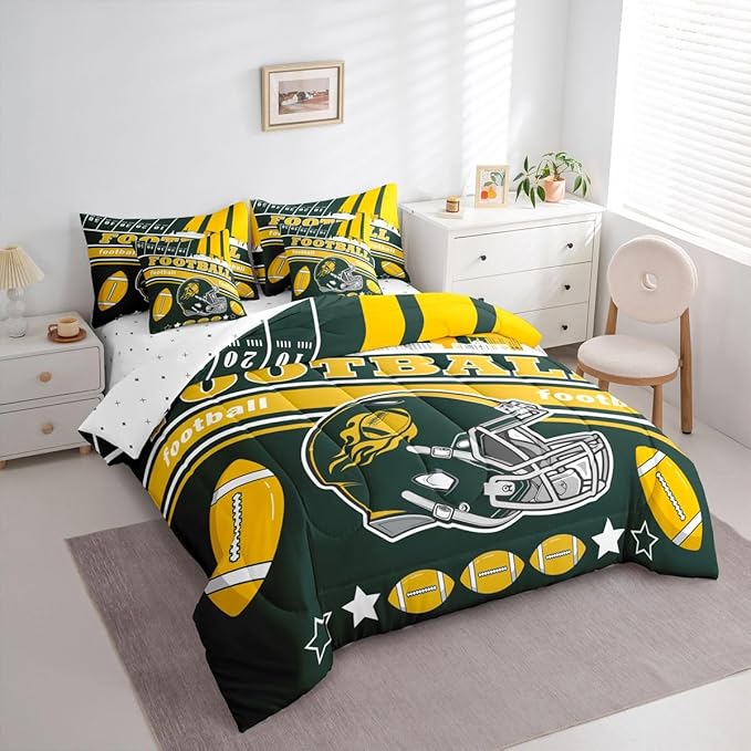 Feelyou Football 7 Pieces Comforter Sets King Size Kids Rugby Sports Bedding Set Sports Theme Bed in a Bag with Comforter, Sheets, Pillowcases & Cushion Cover