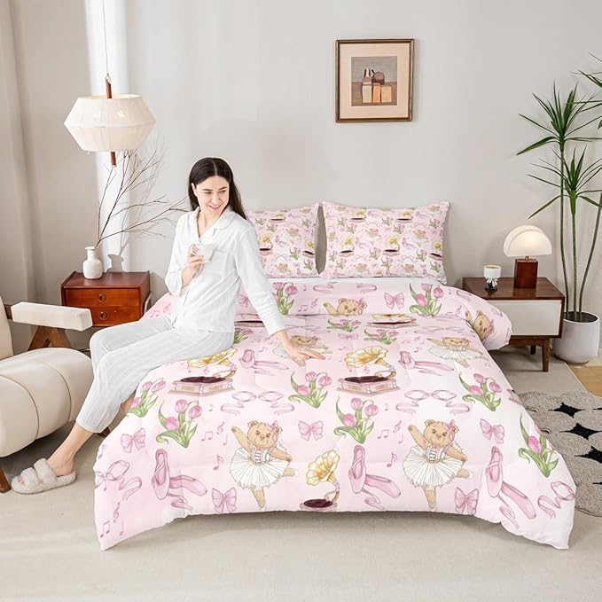 Pink Bowknot Comforter Set Full Size,Ballet Shoe Bow Tie Cute Bear Kids Bedding Set,Music Note Tulip Quilt Comforter,Princess Duvet Insert,2 Pillowcases