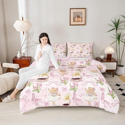 Pink Bowknot Kids Bedding Set King Size,Ballet Shoe Bow Tie Cute Bear Comforter Set，Music Note Tulip Quilt Comforter,Princess Bedroom Duvet Insert,2 Pillowcases