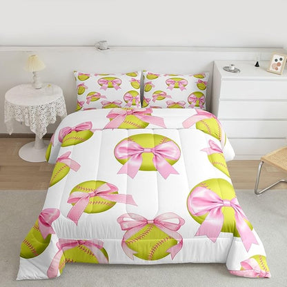 Cute Softball Comforter Set Full Size,Pink Bowknot Print Bedding Sets 3Pcs for Kids Girls Boys Women Room Decor,Ball Sports Gaming Duvet Insert Softball Player Down Comforter,2 Pillowcases