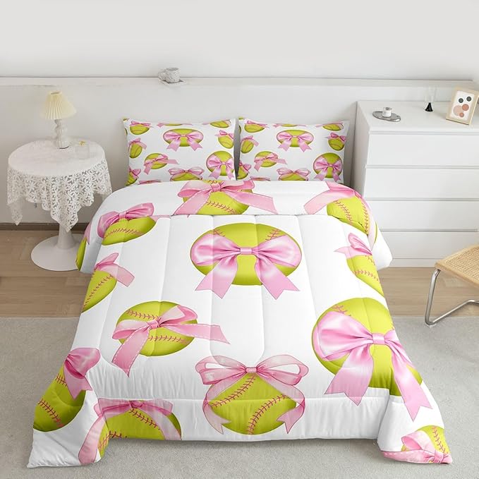 Cute Softball Comforter Set Twin Size,Pink Bowknot Print Bedding Sets 2Pcs for Kids Girls Boys Women Room Decor,Ball Sports Gaming Quilted Duvet Softball Player Down Comforter,1 Pillowcase