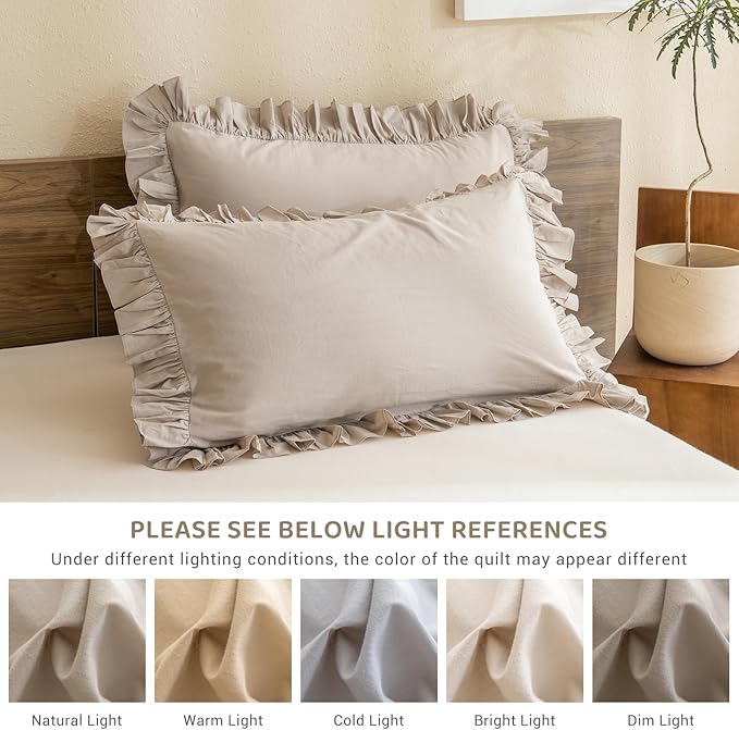 Sanracie Queen Comforter Sets, Cotton Ruffled Boho Comforter Set Queen 3 Pieces Linen Feel Farmhouse Vintage Shabby Boho Chic Bedding Soft Lightweight Bed Set for All Season