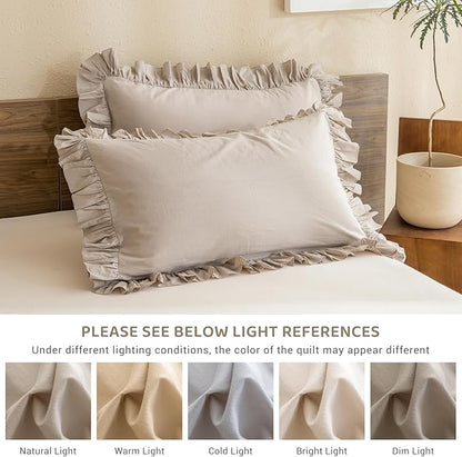 Sanracie Queen Comforter Sets, Cotton Ruffled Boho Comforter Set Queen 3 Pieces Linen Feel Farmhouse Vintage Shabby Boho Chic Bedding Soft Lightweight Bed Set for All Season