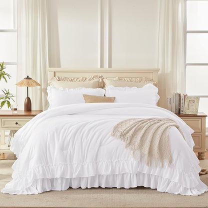 Andency Oversized King Ruffle Comforter Set, 3 Pieces Shabby Chic Farmhouse Bedding Set, Lightweight Soft Comforter Set 120x98 for Girls Women (1 Comforter 2 Pillowcases), White