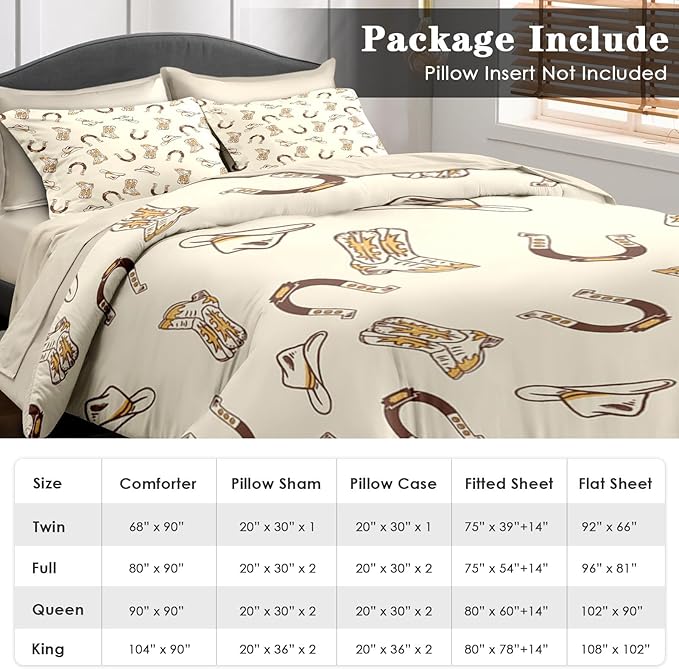 Comforter Set Queen Size, Vintage Cowgirl Cowboy 7 Pcs Bedding for Kids and Adults, Retro Western Horseshoe Bed Sheet Sets with Fitted Sheet 2 Pillowcases & 2 Shams
