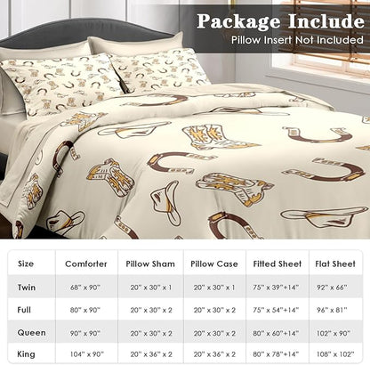 Comforter Set Queen Size, Vintage Cowgirl Cowboy 7 Pcs Bedding for Kids and Adults, Retro Western Horseshoe Bed Sheet Sets with Fitted Sheet 2 Pillowcases & 2 Shams