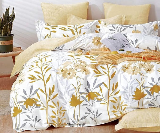 SLEEPBELLA Comforter Twin Size, 600 Thread Count Cotton Grey Branch with Yellow Flower & Grey Leaves Pattern Orange Reversible Comforter Set,Down Alternative Bedding Set 2Pcs(Twin, Yellow Botanical)