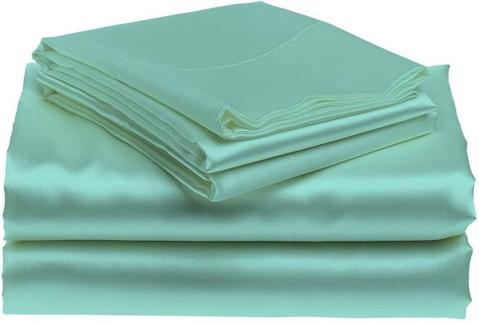 100% Pure Silk Satin Sheet 4pcs,Silk Fitted Sheet 15" Deep Pocket Mattress fit,Silk Flat Sheet&Silk Pillowcases Cool Soft Silk Sheets|Wrinkle Free Fade Resistant Cal- King Aqua Blue