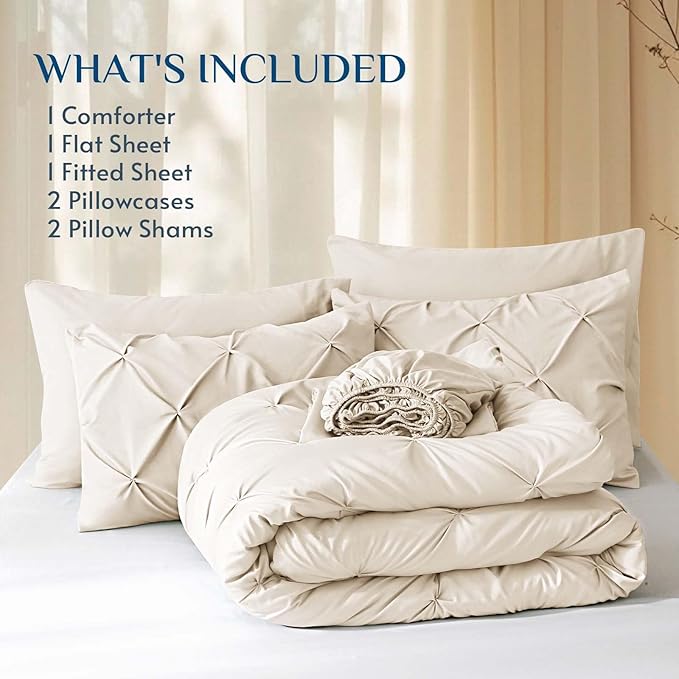 JOLLYVOGUE California King Comforter Set 7 Pieces - Bed in a Bag Cal King for All Season, Pintuck Bedding Comforter Sets with Comforter, Flat Sheet, Fitted Sheet and Pillowcases & Shams, Beige