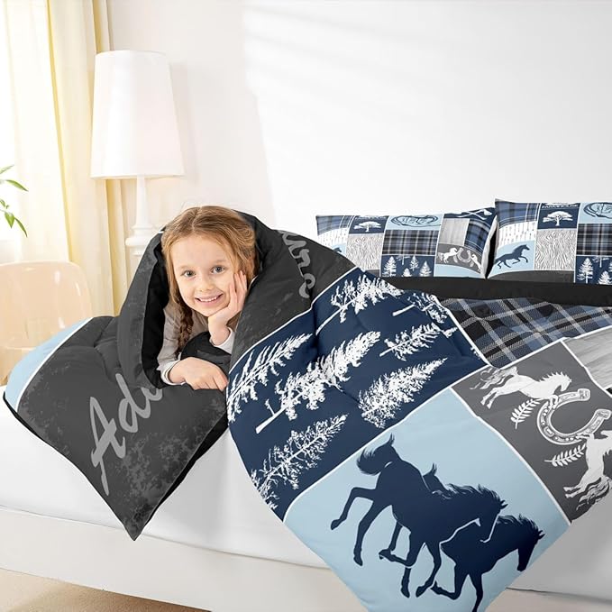Erosebridal Hunting Horse Comforter Set Full Size, Rustic Cabin Lodge Bedding Set Western Horseshoe Duvet Insert Arrow Southwest Cowboys Cowgirls Down Comforter Vintage Adventure Bedroom Decor,Blue
