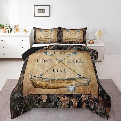 Erosebridal Lake House Bedding Sets Rustic Farmhouse Twin Size Comforter Set Camo Lake Paddles Boat Fishing Quilt Bedding Sets Gifts for Lake Lovers,Tree Camouflage Farmhouse Cabin Bed Set 2 Pcs