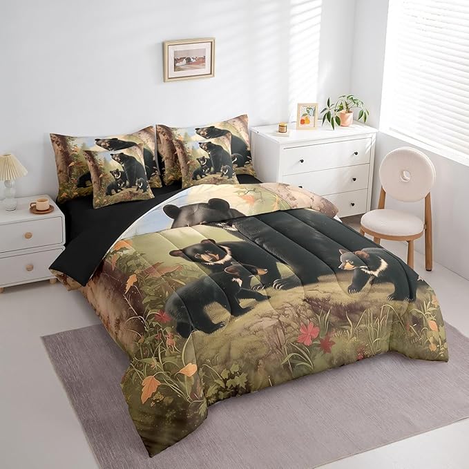 Erosebridal Bears Comforter Sets with Sheets, Rustic Wildlife Bedding Set King for Boys Girls Natural Wild Bear 7Pcs Bed in A Bag Wooden Cabin Decor Bed Set