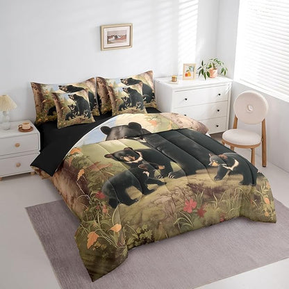 Erosebridal Bears Comforter Sets with Sheets, Rustic Wildlife Bedding Set King for Boys Girls Natural Wild Bear 7Pcs Bed in A Bag Wooden Cabin Decor Bed Set