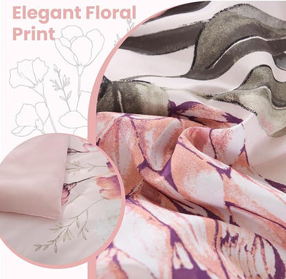 Queen Comforter Set - 7 Pieces Bed in a Bag Pink Floral Queen Comforter Set with Sheets, Soft Microfiber Flower Complete Bedding Set for All Seasons（Pink,90"x90"）