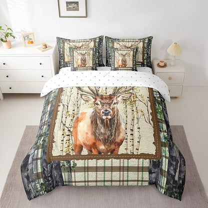 Erosebridal Elk Deer Bed in a Bag King Size Comforter Set 7 Pieces,Woodland Animals Bedding Sets Buffalo Plaid Sheet Set with Comforter
