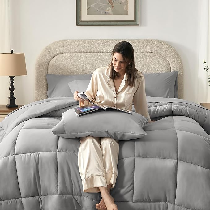 SunStyle Home Light Grey Full/Queen Comforter Set - 7 Pieces Bed in a Bag, Lightweight Goose Down Alternative Bedding Sets with All Season Comforter, 1 Flat Sheet, 1 Fitted Sheet, 4 Pillowcases