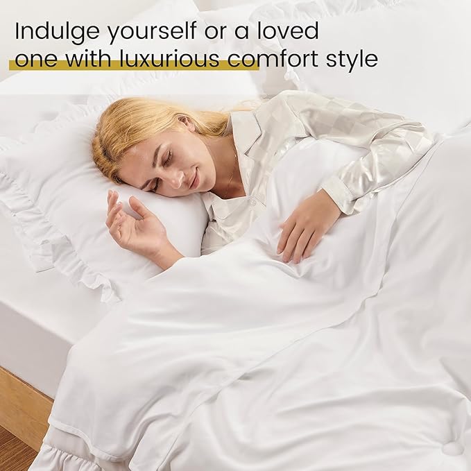 QUIETSEA Queen Bed in a Bag 7 Pieces Comforter Set Queen, Ruffle Shabby Chic Bedding Comforter Set White Bed Set with Comforter, Pillowcases, Flat Sheet, Fitted Sheet and Pillow Shams